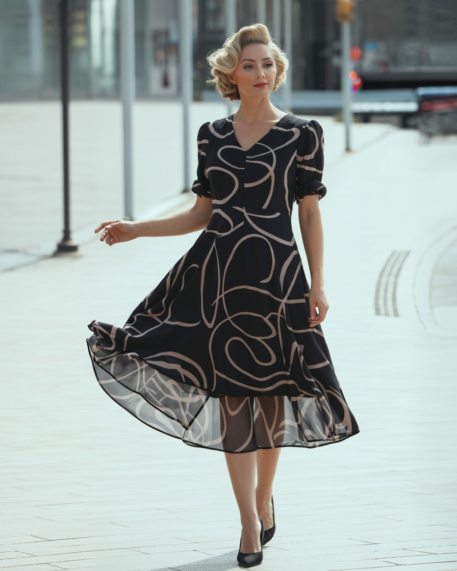 Polyester Maxi Dress with V-Neck and All-Over Print