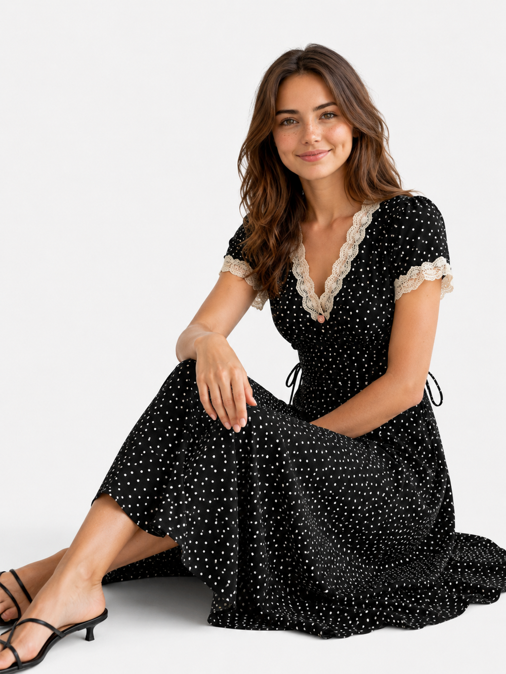 Polka Dot Midi Dress with Lace Trim and Embroidered Flower