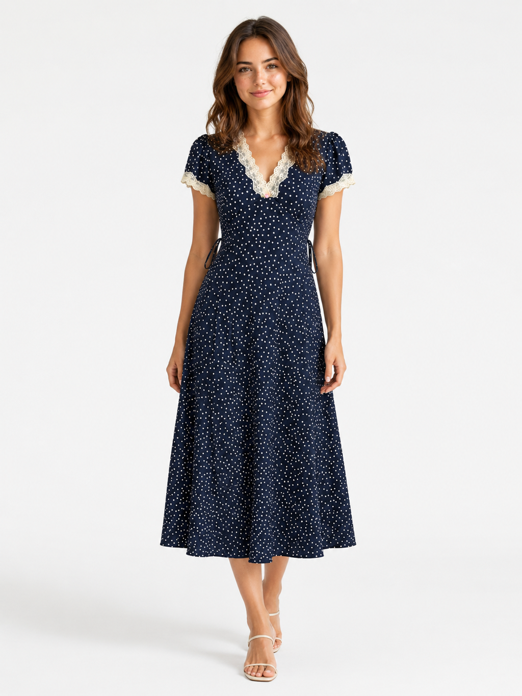 Polka Dot Midi Dress with Lace Trim and Embroidered Flower