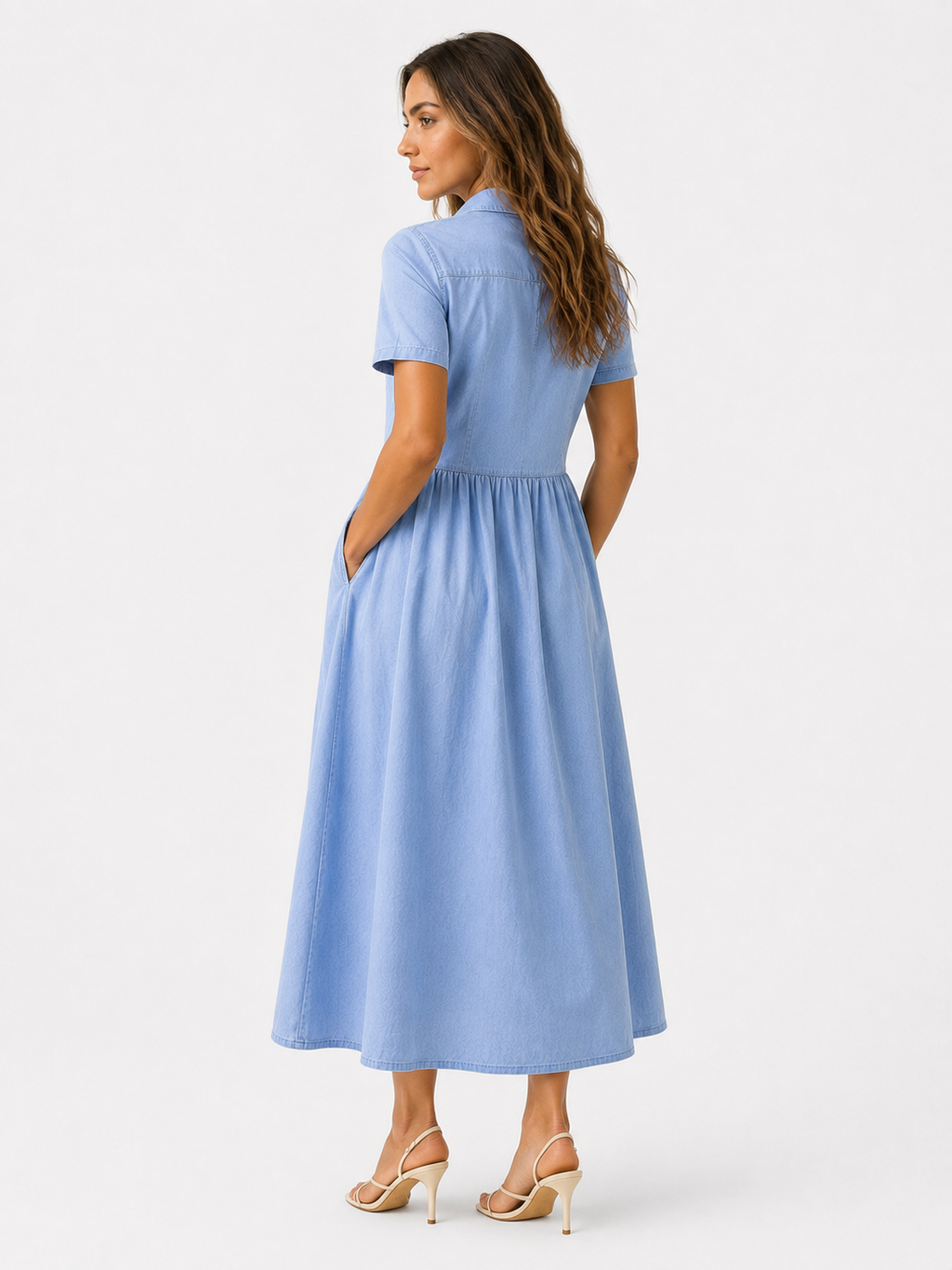 Button-Front Midi Shirt Dress with Side Pockets