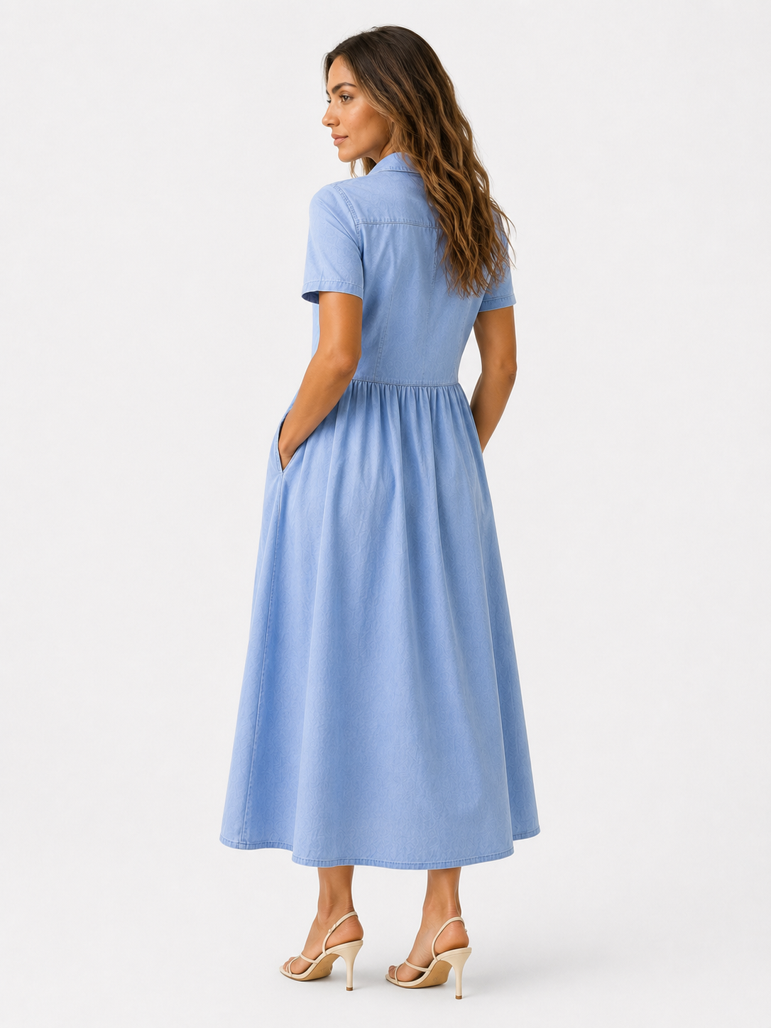Button-Front Midi Shirt Dress with Side Pockets