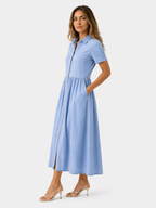Button-Front Midi Shirt Dress with Side Pockets