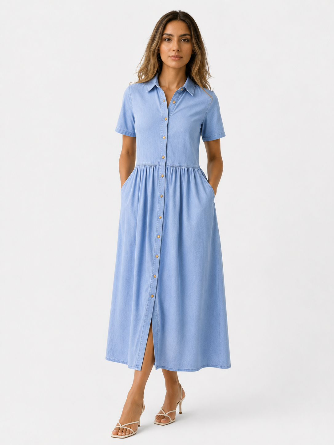 Button-Front Midi Shirt Dress with Side Pockets