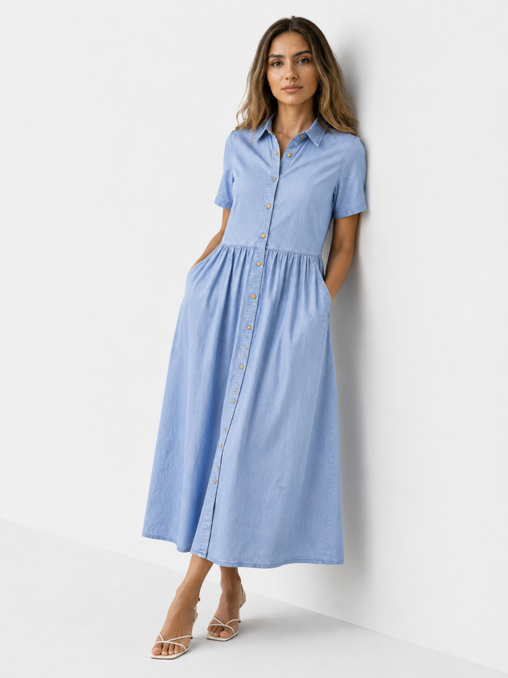 Button-Front Midi Shirt Dress with Side Pockets
