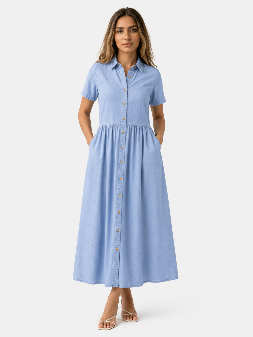 Button-Front Midi Shirt Dress with Side Pockets