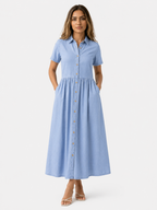 Button-Front Midi Shirt Dress with Side Pockets