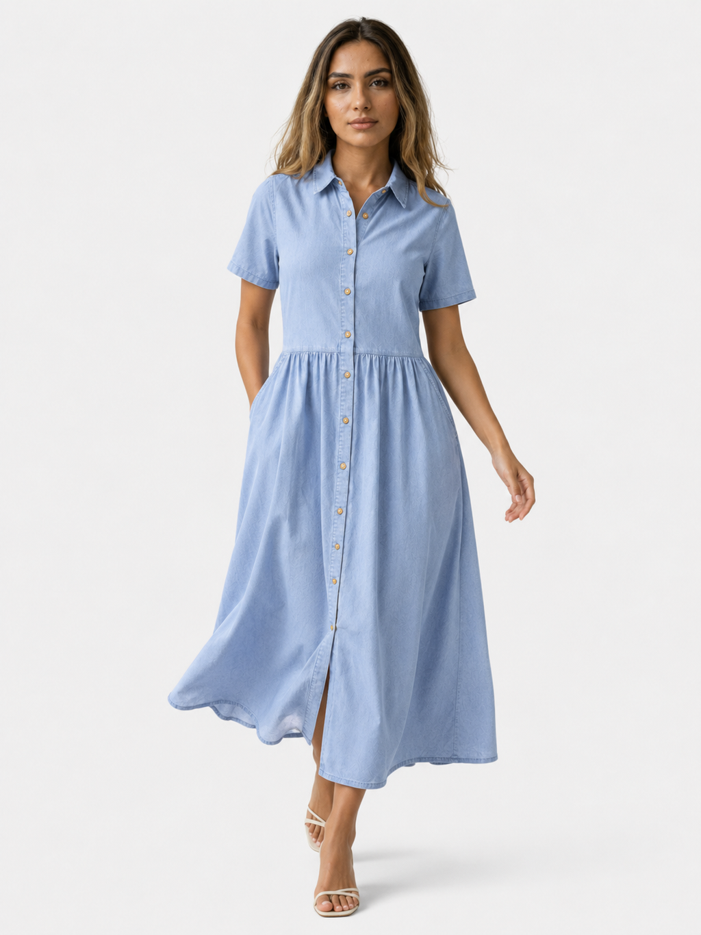 Button-Front Midi Shirt Dress with Side Pockets