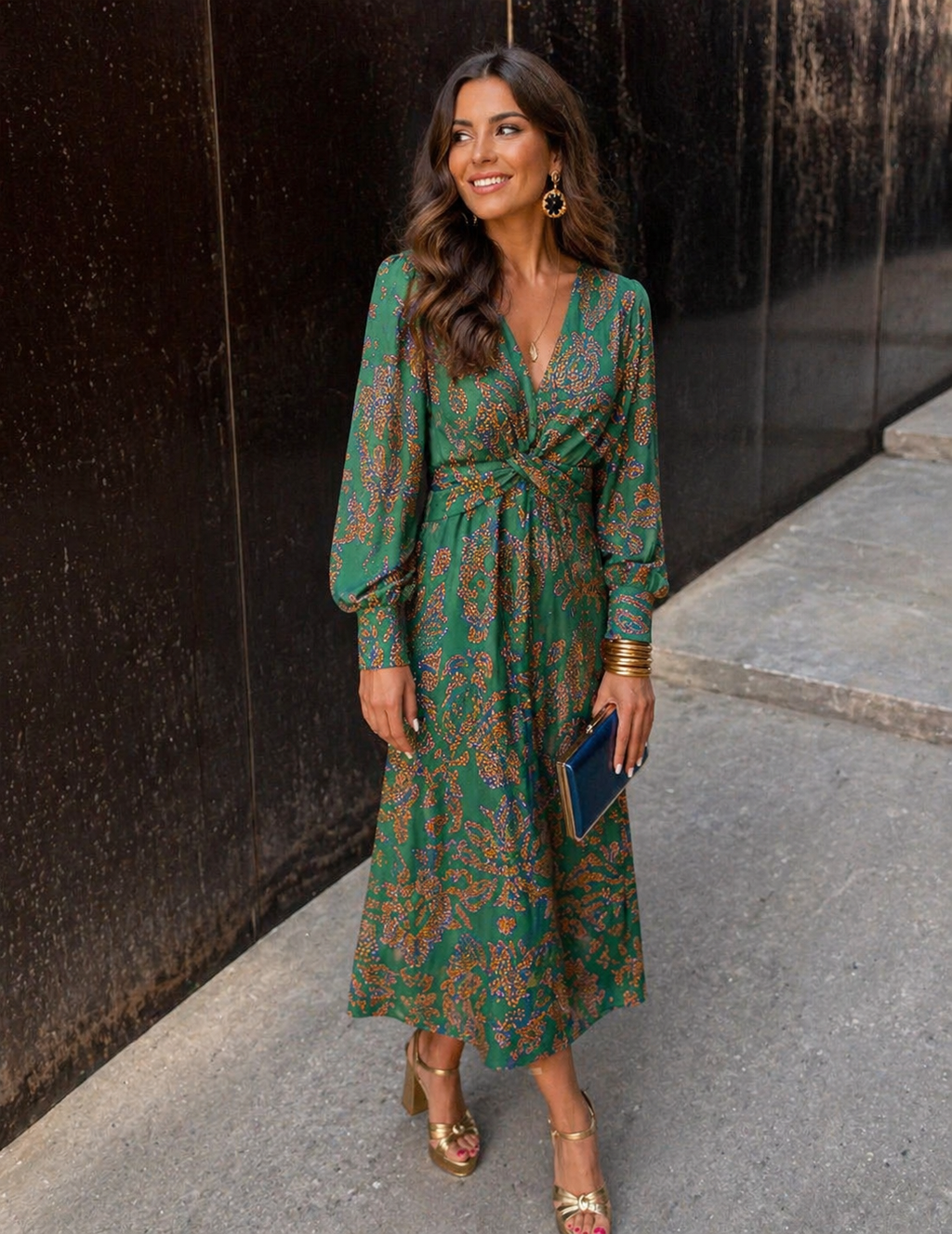 Floral Print Wrap-Front Dress with Long Sleeves