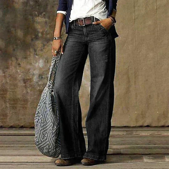High Waist Flared Denim Jeans with Pockets
