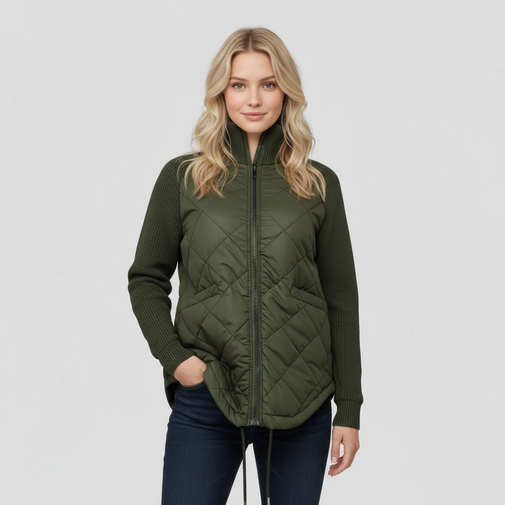 Light Puffer Jacket with Patchwork Detail and Adjustable Waist