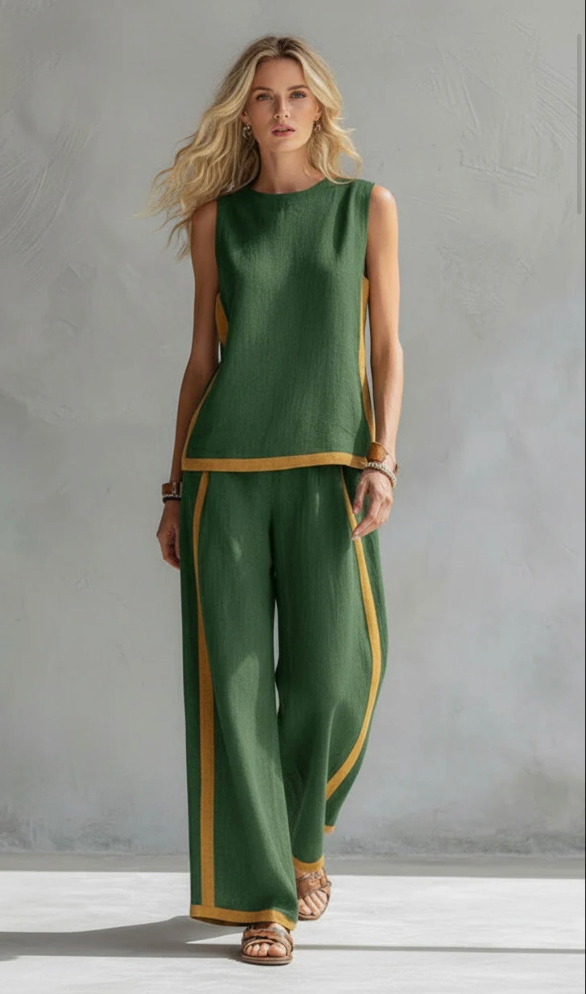 Checked Sleeveless Two Piece Set with Wide Leg Trousers