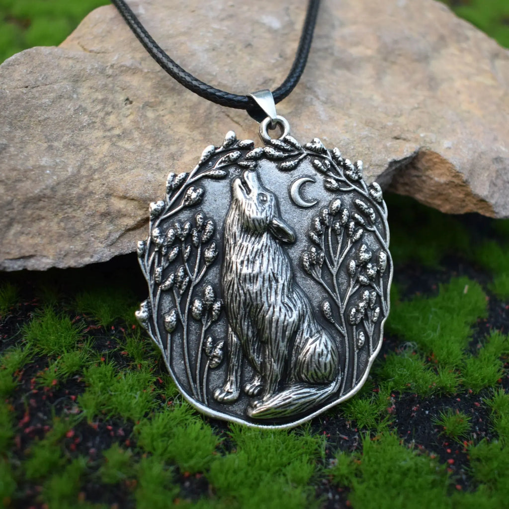 Moon and Wolf Pendant Necklace with Wild Spirit and Night Sky Feel