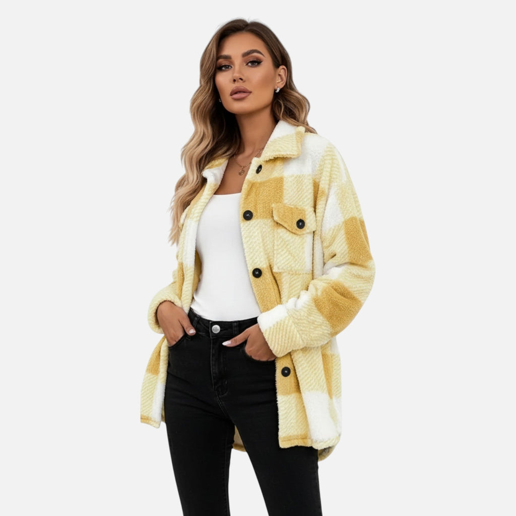 Checked Sherpa Jacket with Button Front and Oversized Fit