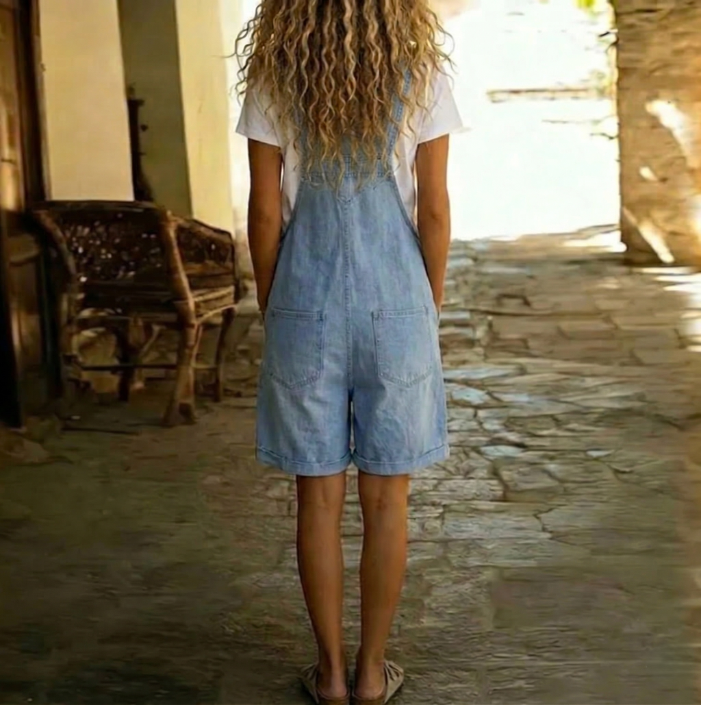 Denim-look short dungarees with adjustable shoulder straps