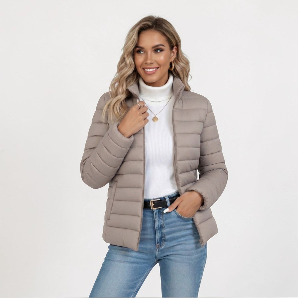 Lightweight Quilted Jacket with Stand Collar and Zip