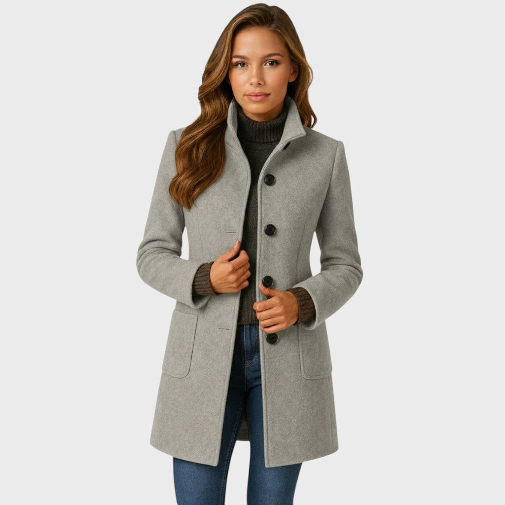 Wool Blend Coat with Stand Collar and Button Closure