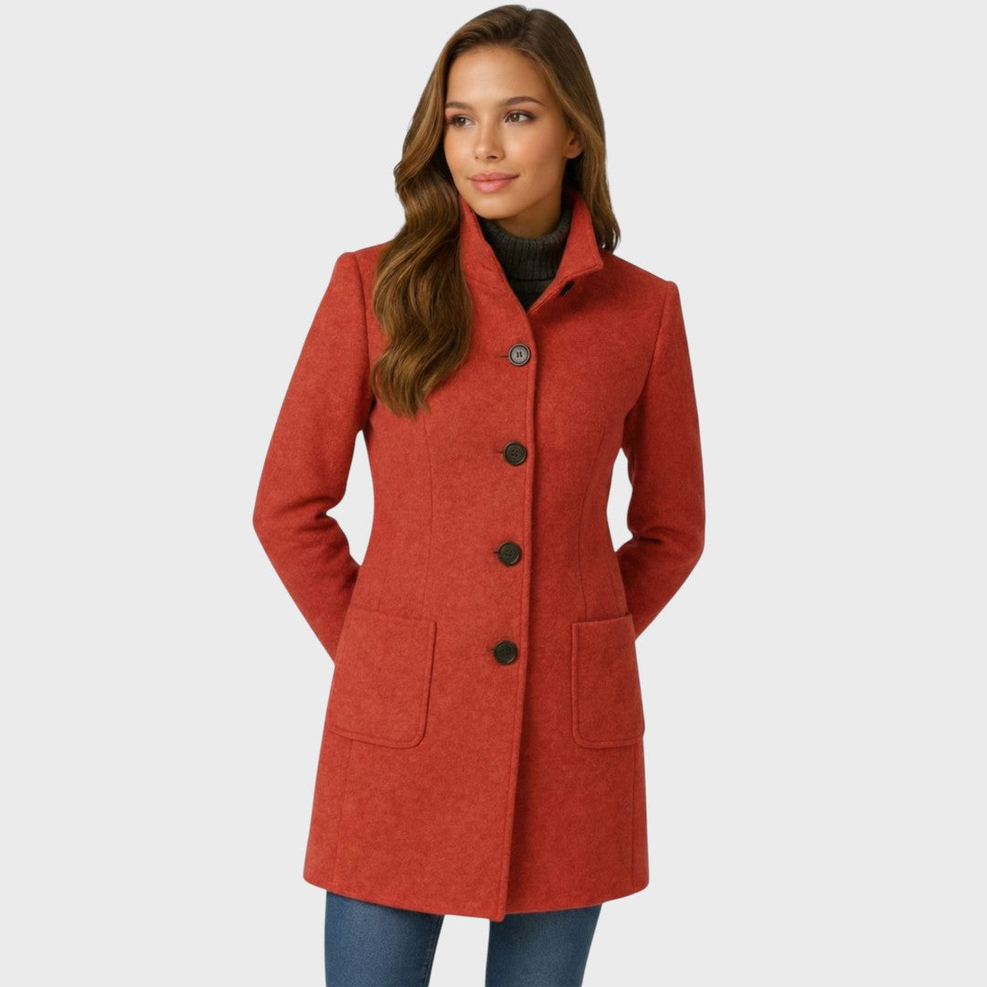 Wool Blend Coat with Stand Collar and Button Closure