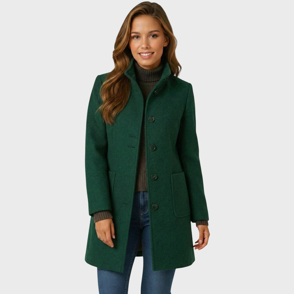 Wool Blend Coat with Stand Collar and Button Closure