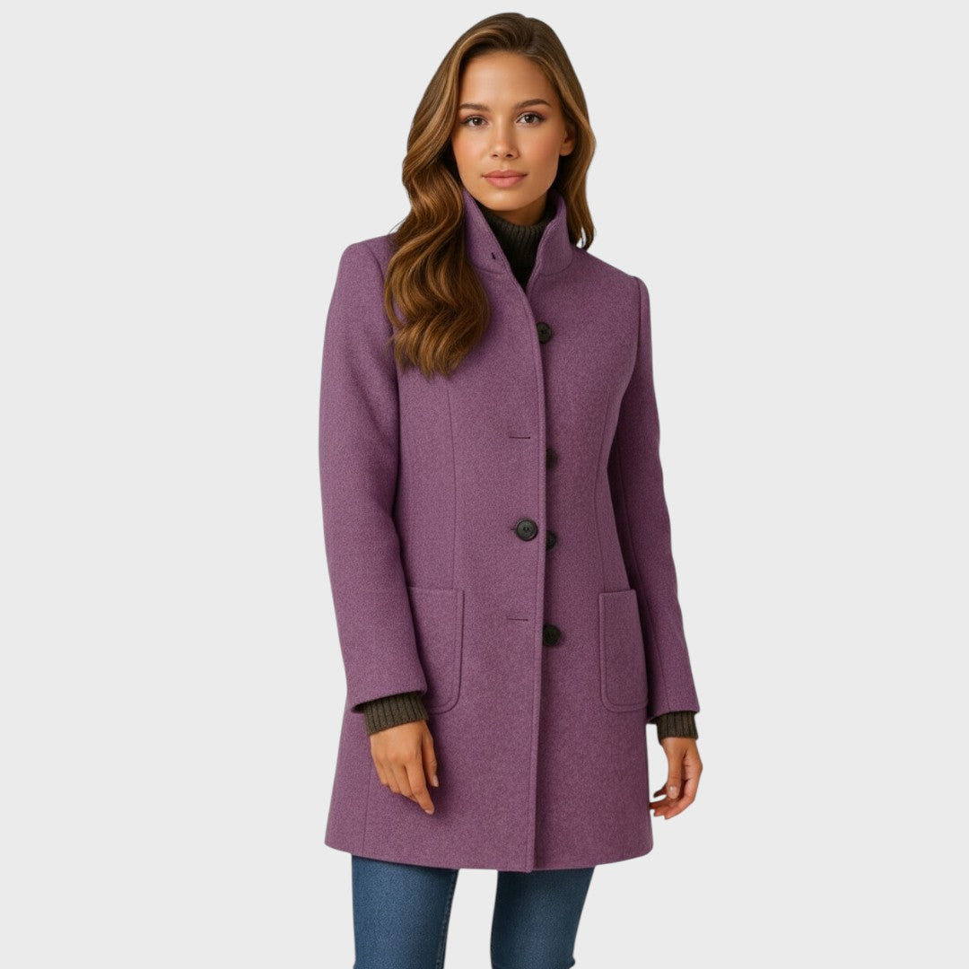 Wool Blend Coat with Stand Collar and Button Closure