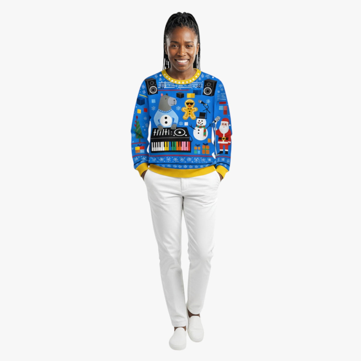 Festive Animal-Print Christmas Sweater with Long Sleeves