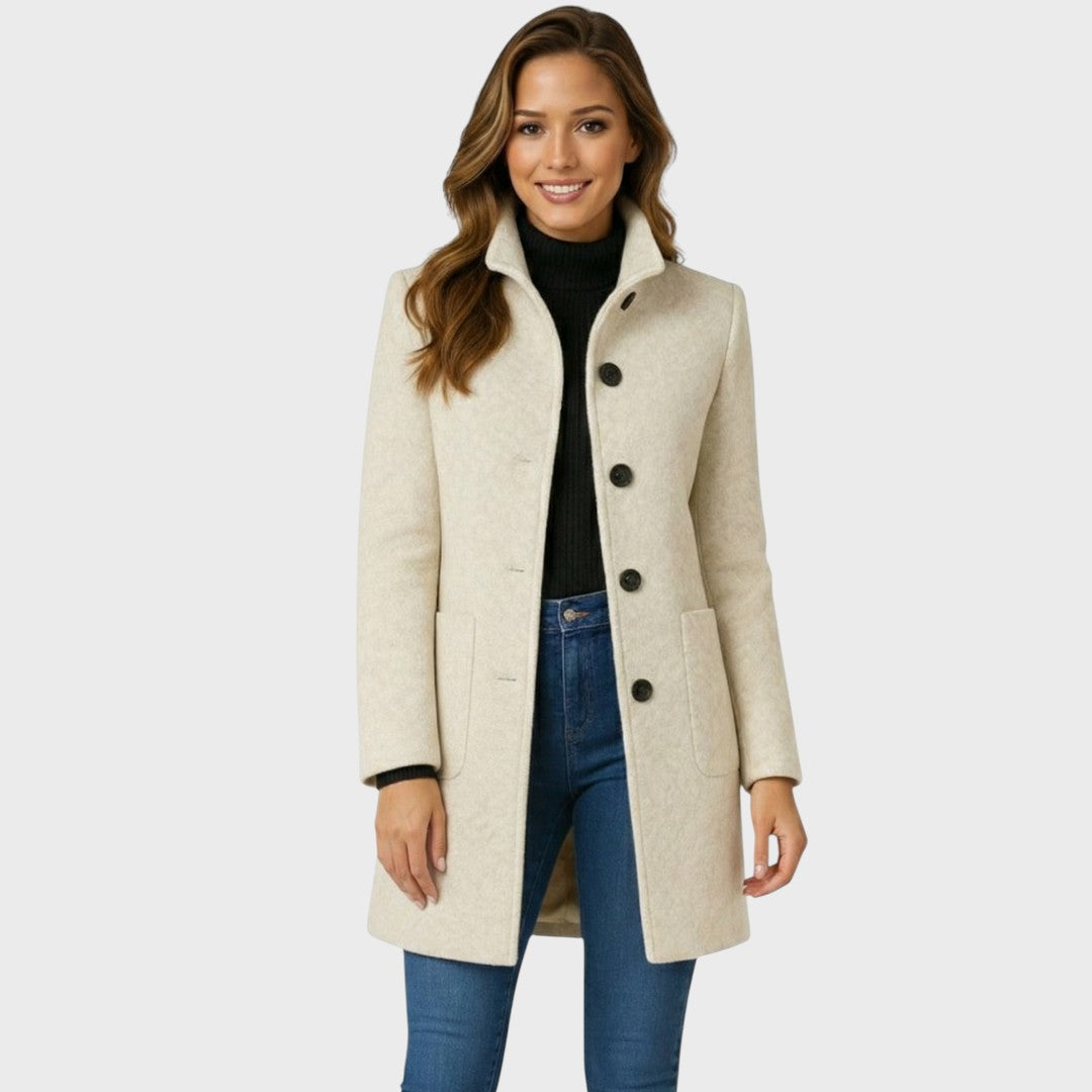 Wool Blend Coat with Stand Collar and Button Closure