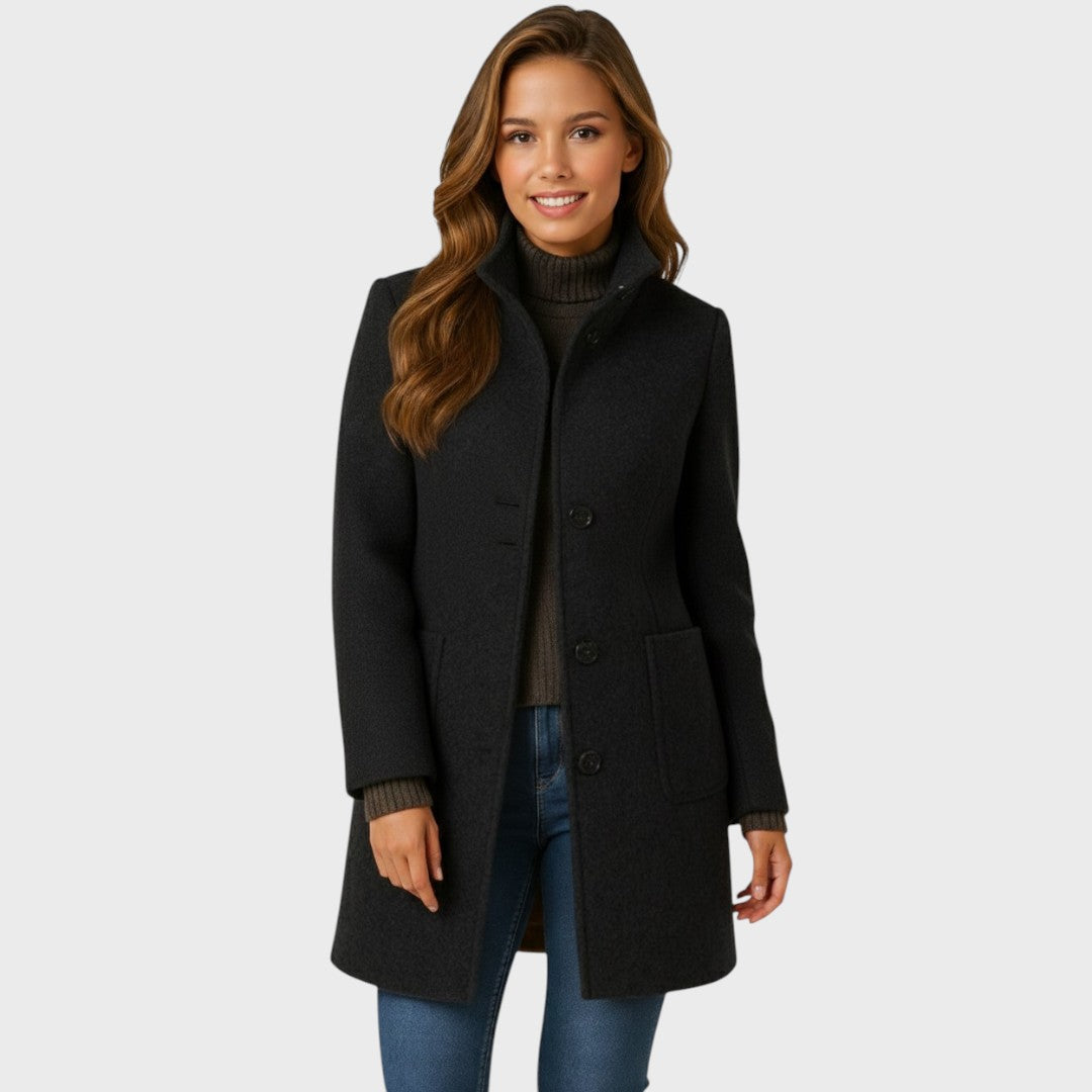Wool Blend Coat with Stand Collar and Button Closure