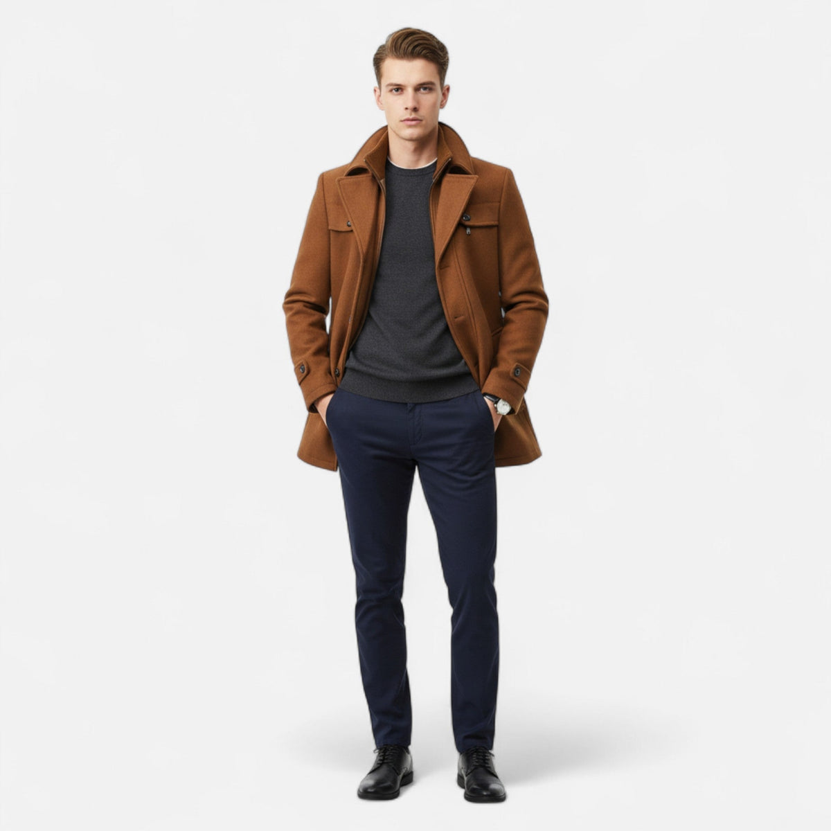 Wool Trench Coat with Zip-Up Double Collar