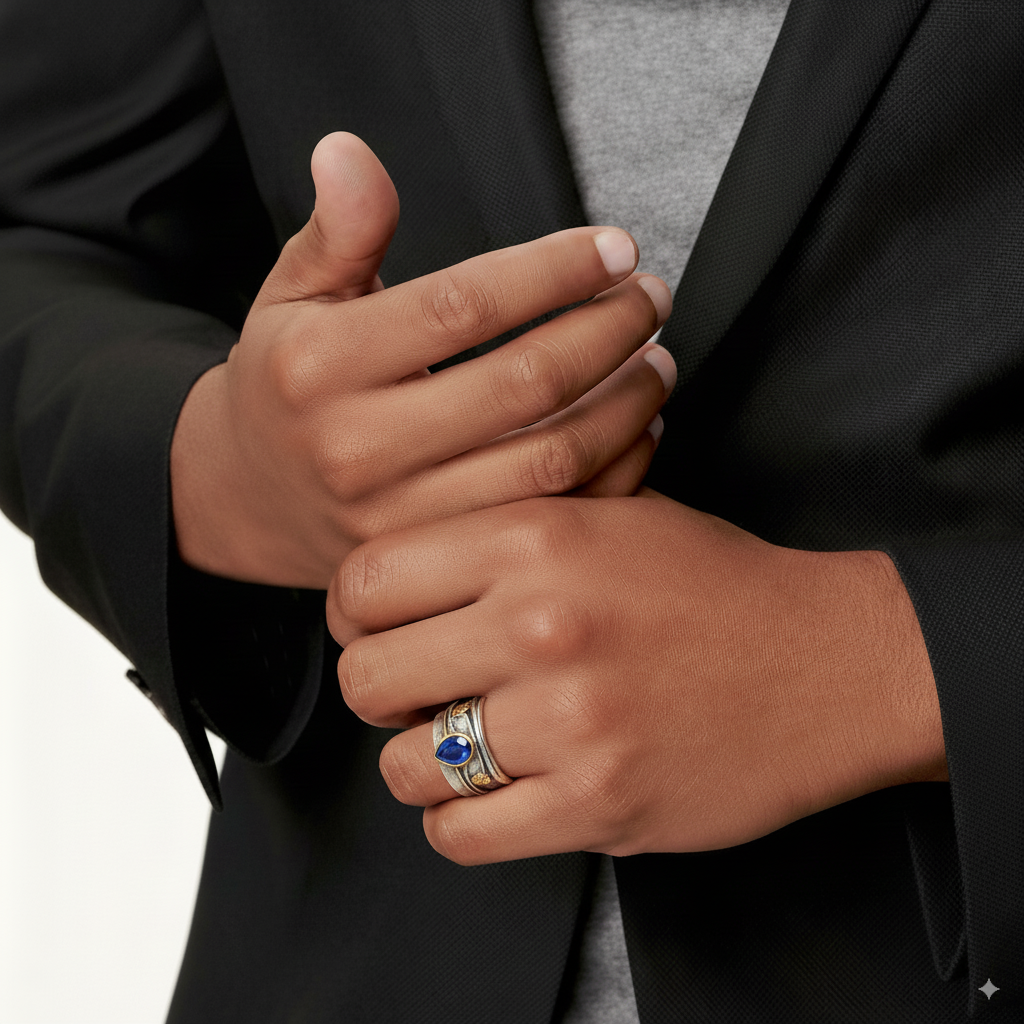 Ring i vintagestil med blå sten i elegant fattning, silverfärgad