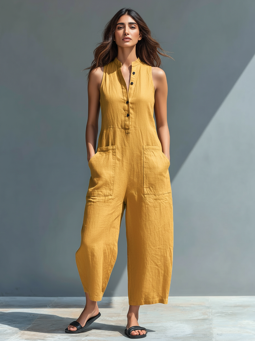 Sleeveless Jumpsuit with Mandarin Collar
