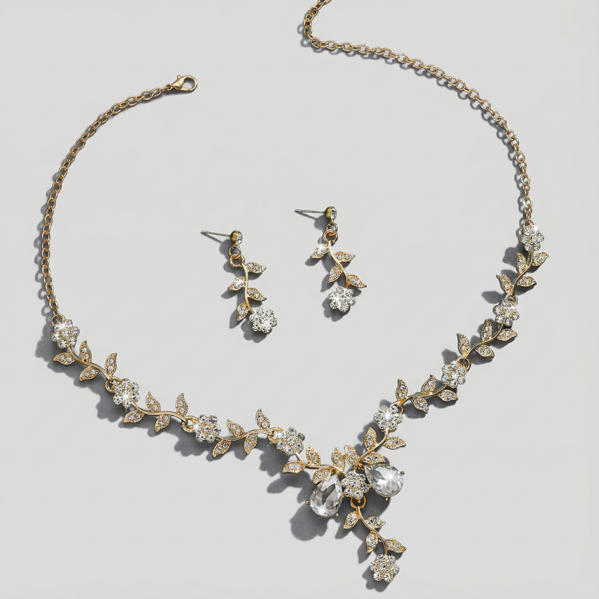 Crystal Necklace and Earring Set with Floral Detailing