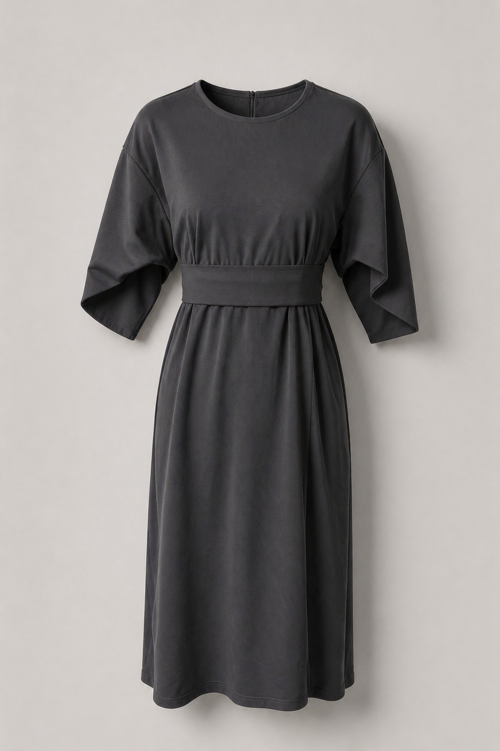Asymmetric Belted Dress with Voluminous Sleeves