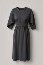 Asymmetric Belted Dress with Voluminous Sleeves