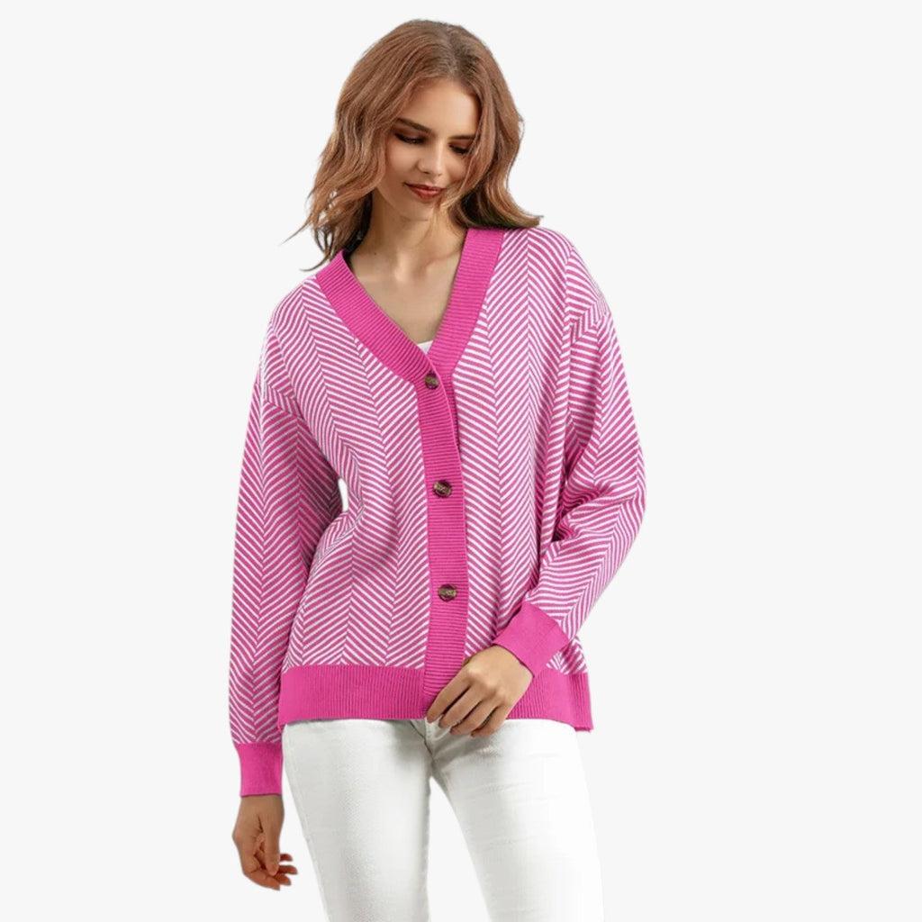 Lightweight Knitted V-Neck Cardigan with Contrast Stripes