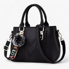 Faux Leather Messenger Bag with Pompon Detail