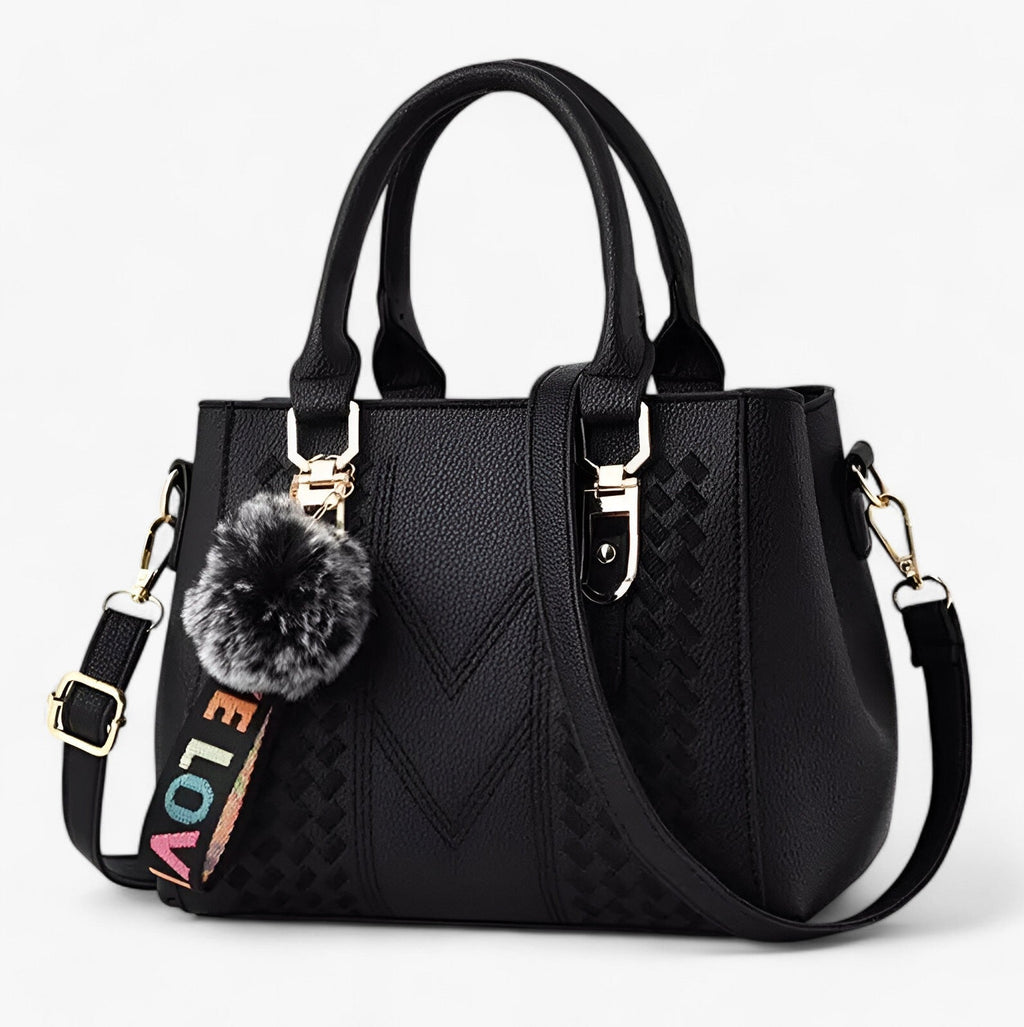 Faux Leather Messenger Bag with Pompon Detail