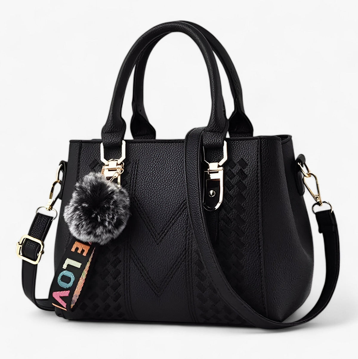 Faux Leather Messenger Bag with Pompon Detail
