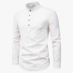 Camisa de algodón y lino para hombre con cuello coreano holgado