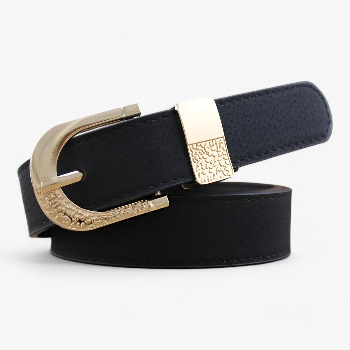 Faux Leather Belt with Polished Metal Buckle Detail
