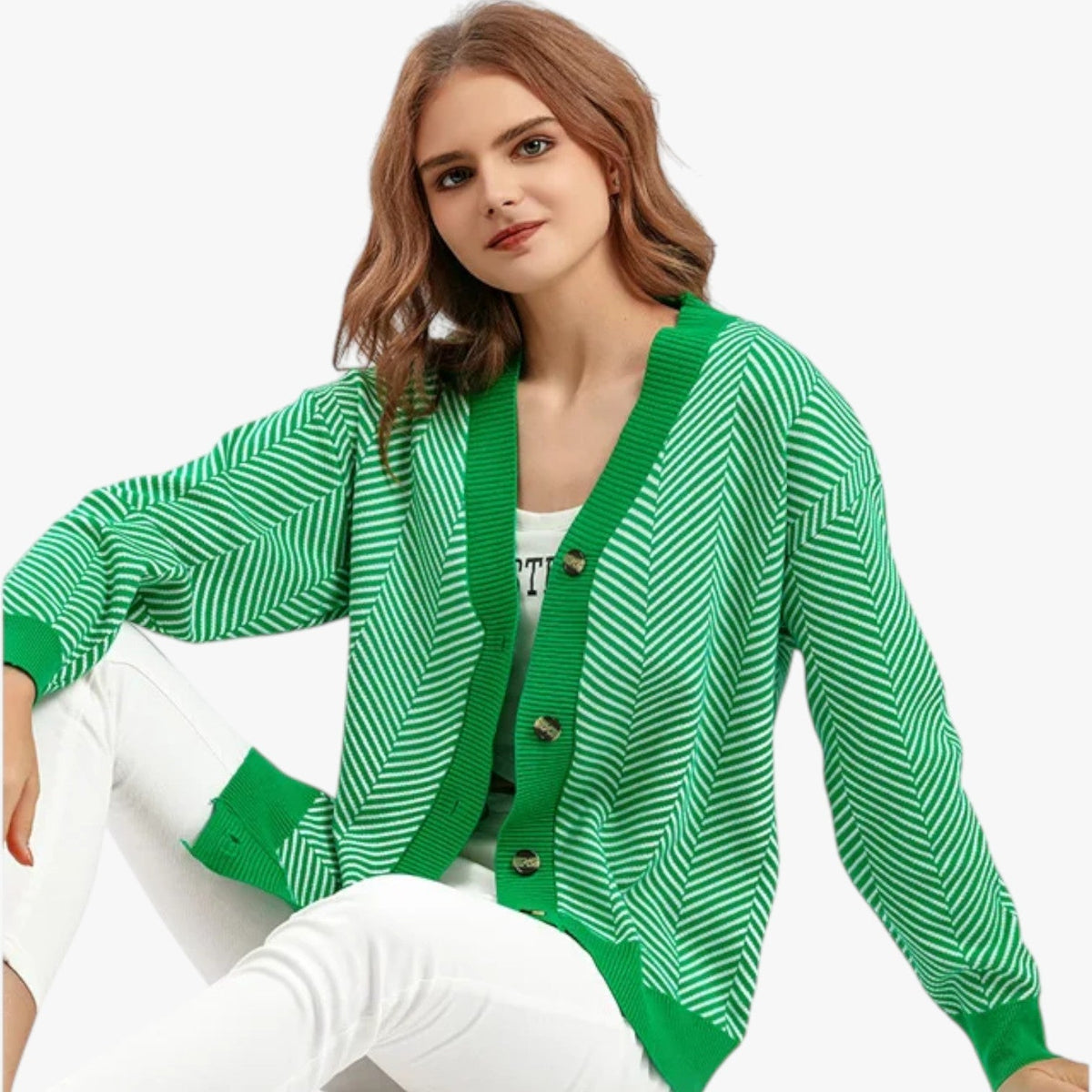 Lightweight Knitted V-Neck Cardigan with Contrast Stripes