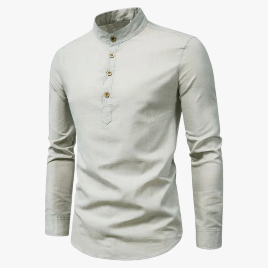 Camisa de algodón y lino para hombre con cuello coreano holgado