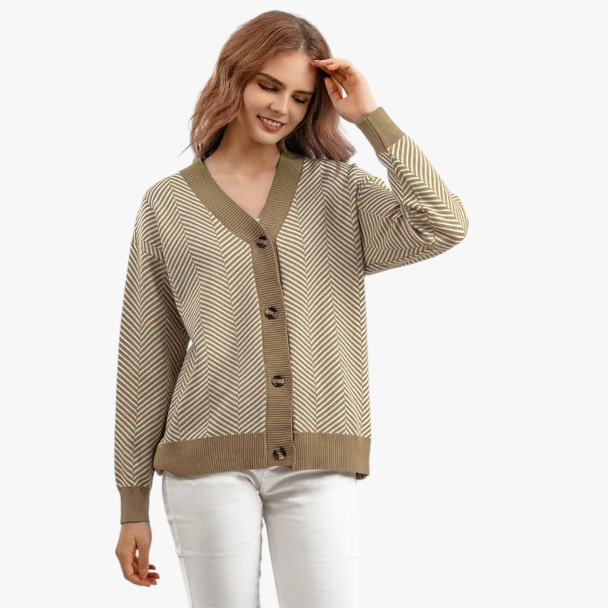 Lightweight Knitted V-Neck Cardigan with Contrast Stripes