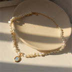 Faux Pearl Chain Necklace with Milky White Stone Drop in Gold Colour