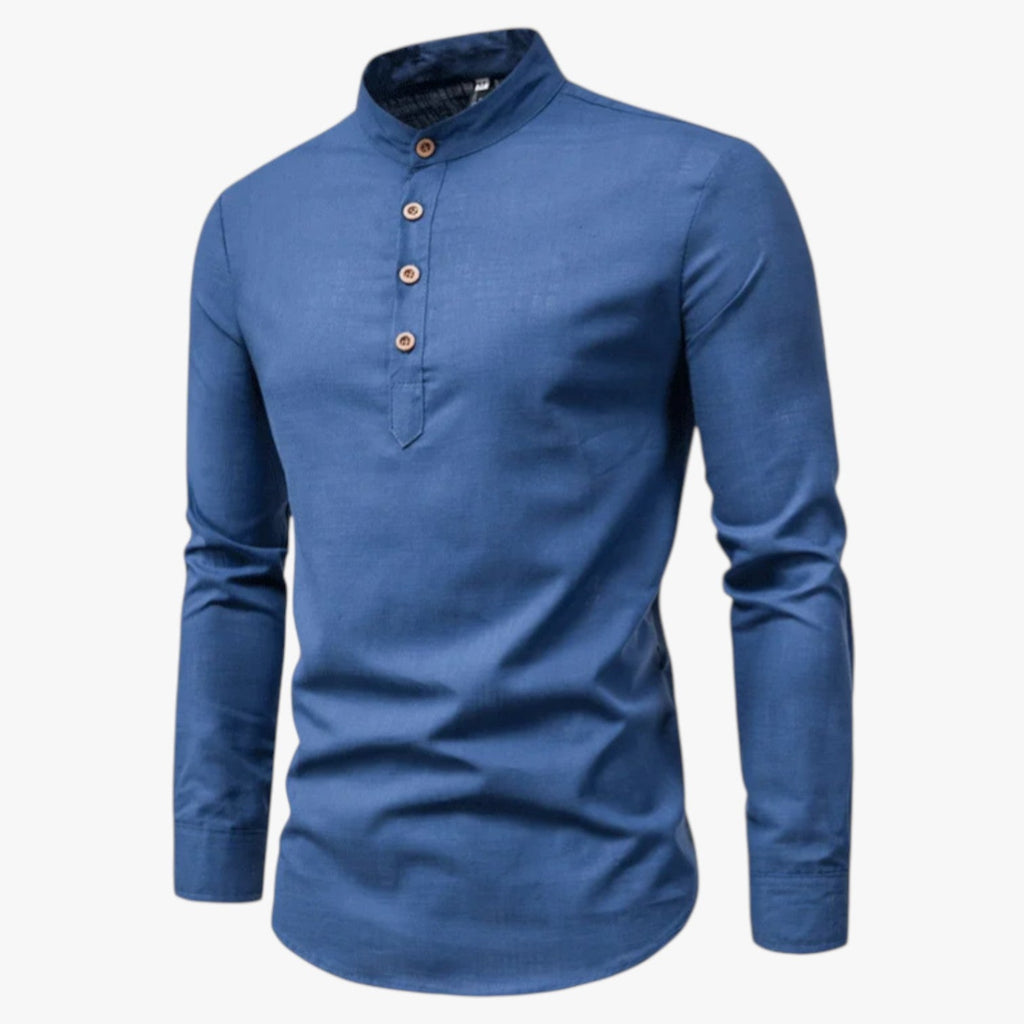 Camisa de algodón y lino para hombre con cuello coreano holgado