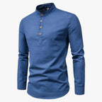 Camisa de algodón y lino para hombre con cuello coreano holgado