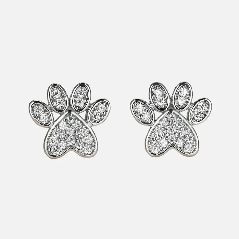 White Zirconia Heart Paw Stud Earrings for Pet Lovers