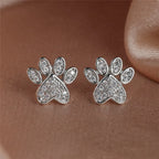 White Zirconia Heart Paw Stud Earrings for Pet Lovers