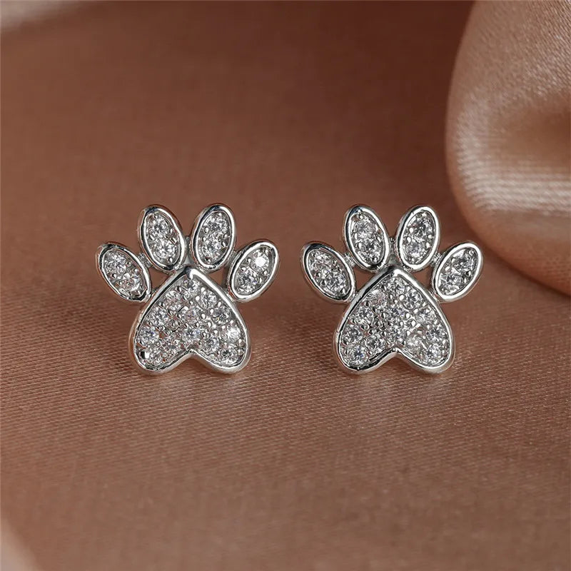 White Zirconia Heart Paw Stud Earrings for Pet Lovers