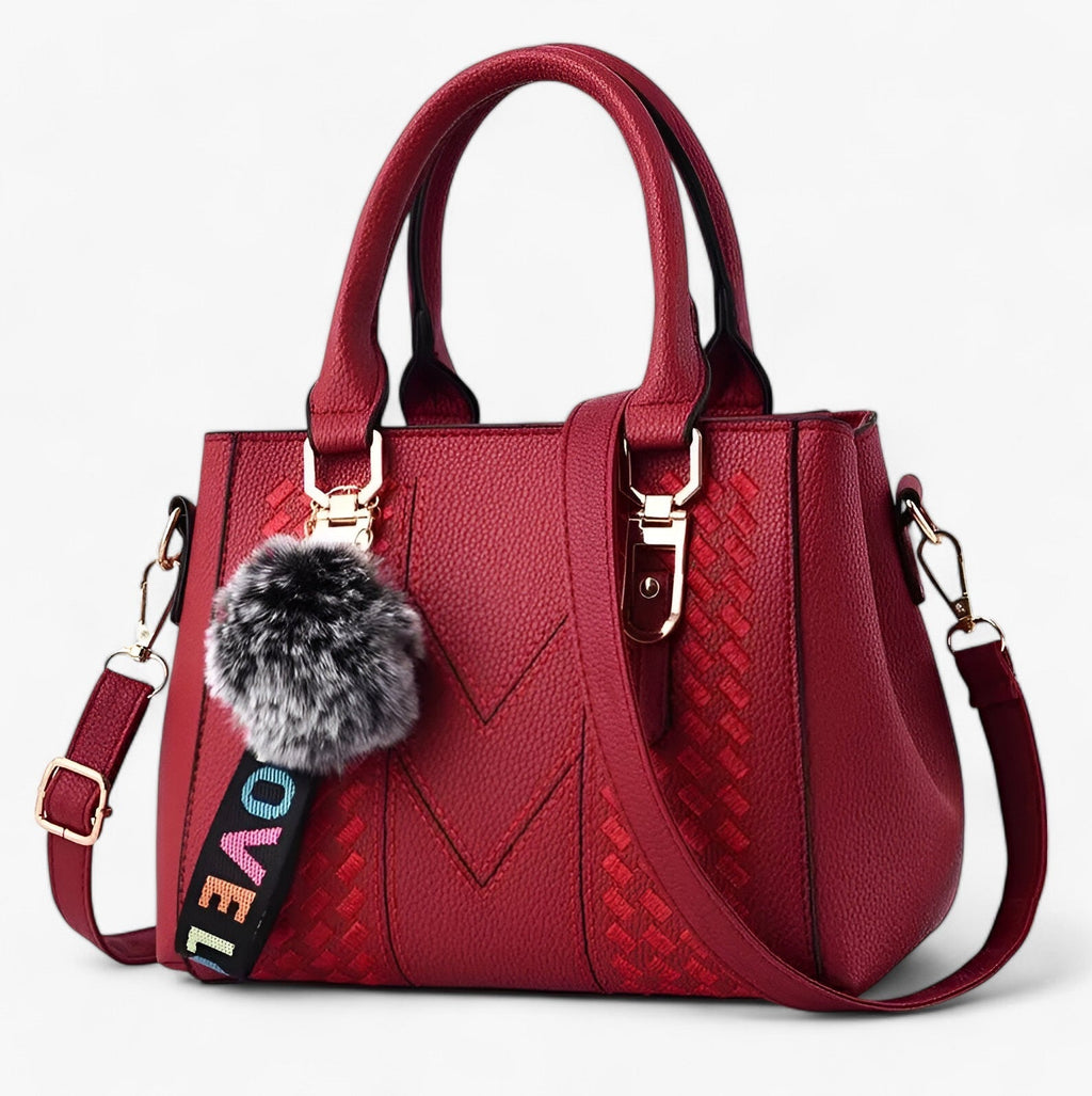Faux Leather Messenger Bag with Pompon Detail