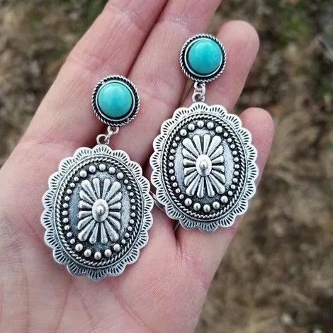Western Boho Blue-Green Stone Concho Drop Earrings