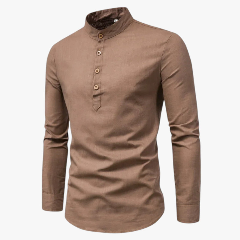 Camisa de algodón y lino para hombre con cuello coreano holgado